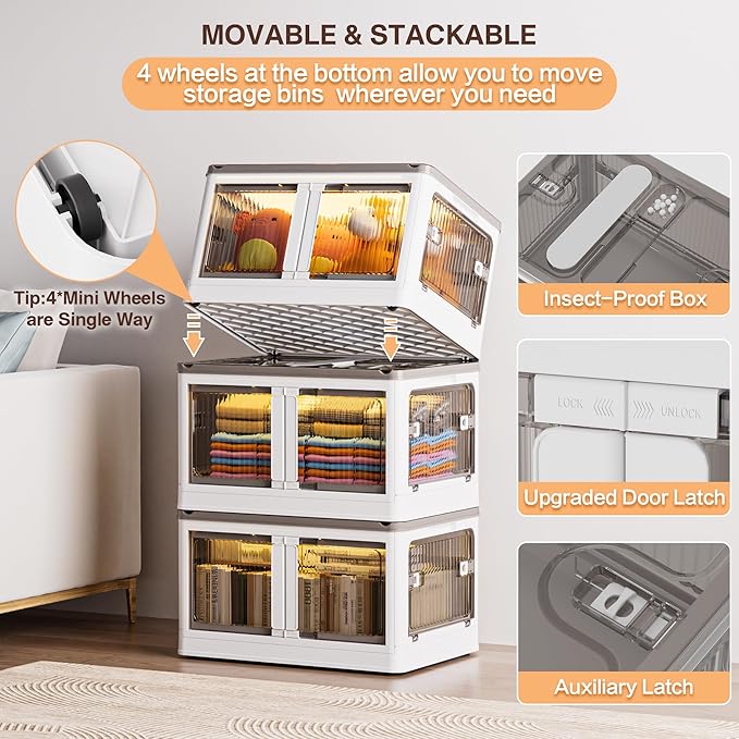 148QT Large Bins Storage with Lids, 36.9 Gal 3 Tier Plastic Stackable Storage Bins with Doors & Wheels, 5-Open Ways Collapsible Storage Bins for Closet Organizers and Storage-Room Office Livingroom