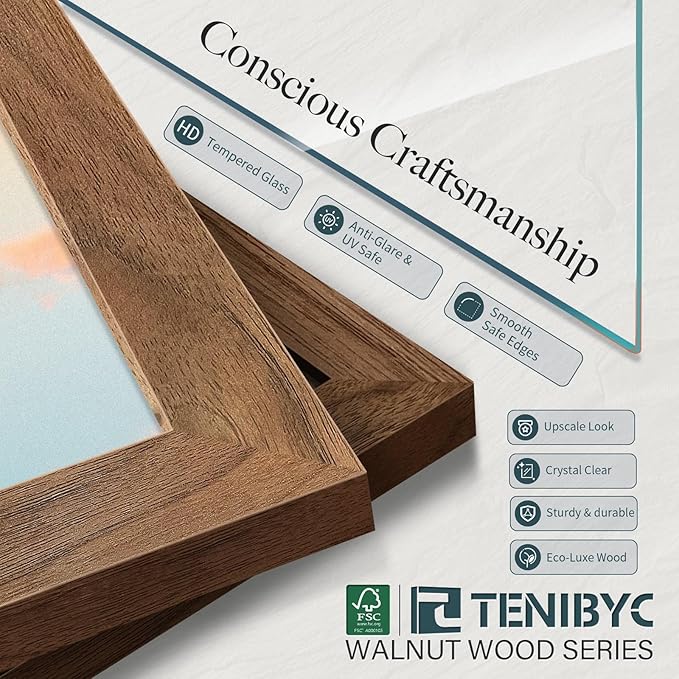 11x14 Walnut Picture Frame 3 Pack with HD Glass - Natural Brown, Solid Wood Poster Frame, Wall Gallery Frame