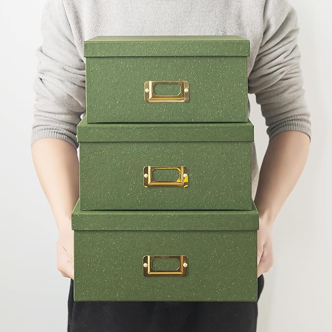 Soul & Lane Green Kraft Paper Boxes for Storage - Set of 3 Square Stacking Boxes with Lids and Gold Label Holders, Decorative Photo Storage, Nesting Cardboard Set for Decor and Organizing