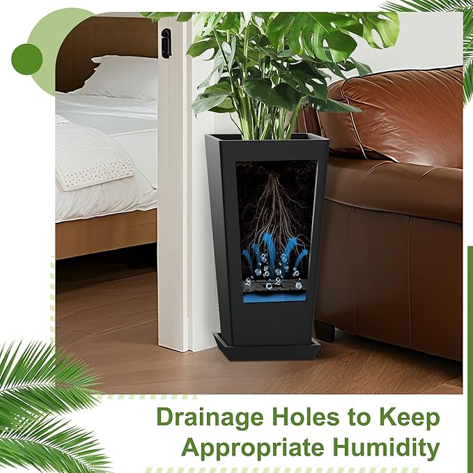 24-Inch Tall Planters Set of 2 for Outdoor and Indoor Use, Tapered Flower Pots with Drainage Tray, Front Porch and Patio Decor, Ideal for Large Plants – Black