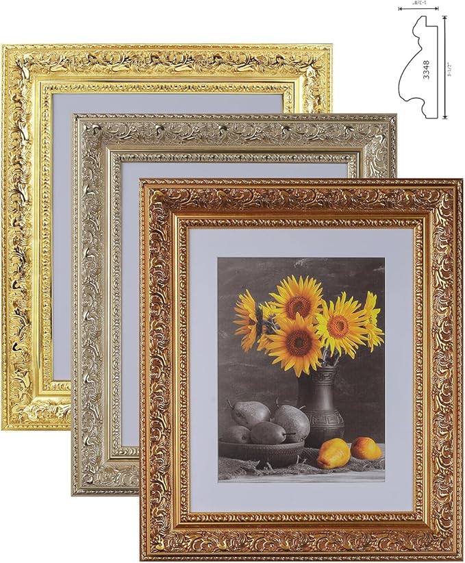 16x20 Picture Frame with Mat for 8.5x11 Picture. 16x20 Frame Matted to 8.5x11 Picture. 16 x 20 Poster Frame with Mat. 3-1/2" Wide Frames for 8.5 x 11 Prints with Mats. Gold Ornate 3348. For Prints, Diplomas. Polystyrene-Quality Wood Frames Alternative.