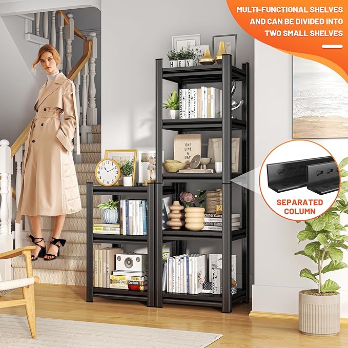 5-Tier Bookshelf, Metal Book Shelf, Adjustable Bookcase, Tall Shelves in Living Room/Home/Office/Kitchen/Bedroom, Storage Organizer for CDs/Books/Movies, Modern, Black