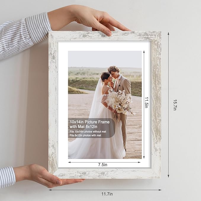 10x14 Picture Frame Set of 2, Made of Glass and Distressed White Wooden Frame, Display 8x12 Pictures with Mat or 30 x 40cm Diamond Painting Art without Mat for Wall Mounting, Gallery Photo Frames