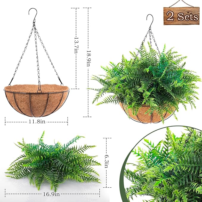 Hananona 2 Set Artificial Hanging Plants Outdoor Fake Hanging Ferns Planter, UV Resistant Faux Fern Plant Basket for Outdoors Patio Garden Home Decor (2, Green)