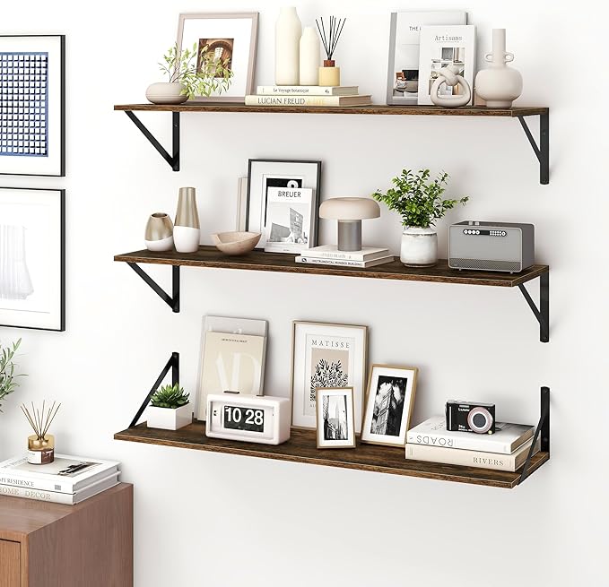 Fun Memories Deep Floating Shelves for Wall, 36W x 8D Wall Mounted Shelves Set of 2, Wide Display Ledge Shelf with Sturdy Metal Brackets for Living Room, Bathroom, Bedroom and Kitchen, Rustic Brown