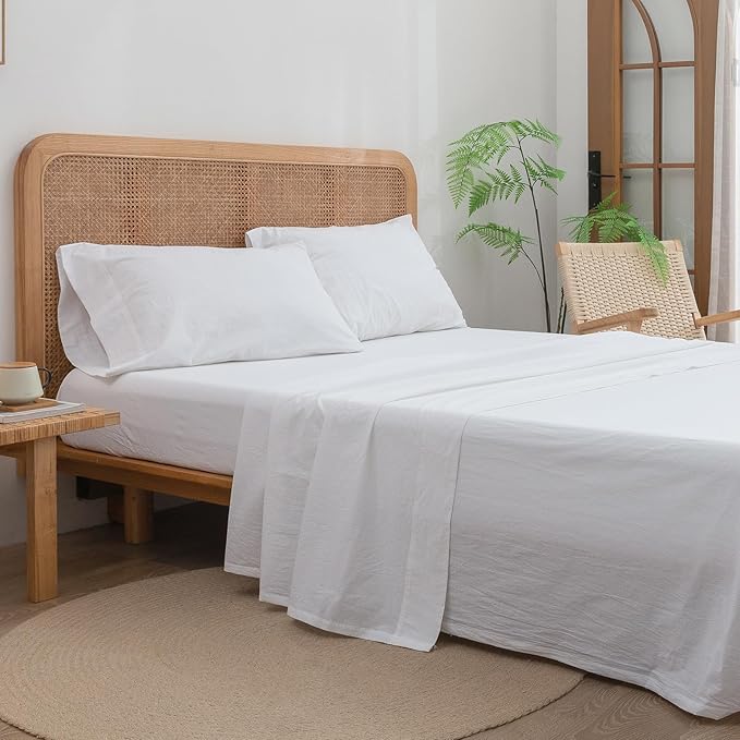 BESTOUCH Sheet Set 100% Washed Cotton Linen Feel Super Soft Comfortable Chic Lightweight 4 Pcs Home Bedding Set Solid Bright White Queen