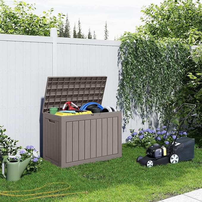 ROJIK Outdoor Storage Housing Deck Box - Waterproof Patio Furniture, Garden Tools, Cushions, Pool Accessories Storage Bench with Lockable Lid and Side Handles (Grey 48 Gal)