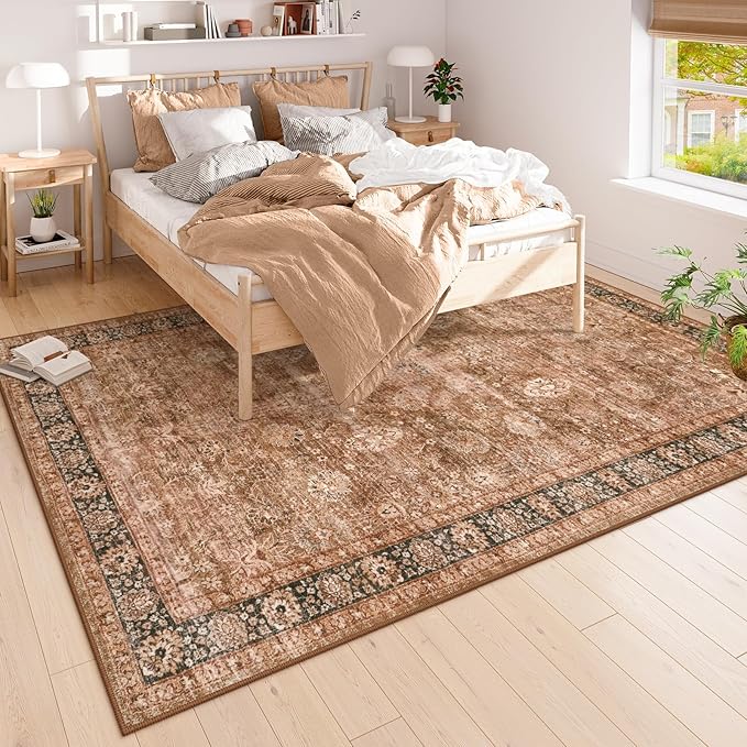 Morebes Vintage Living Room Rug,Washable Large Area Rug 6x9 Non Slip,Distressed Soft Floral Dorm Boho Rugs,Indoor Accent Floor Carpet for Nursery Kitchen Coffee Table Dining,Brown