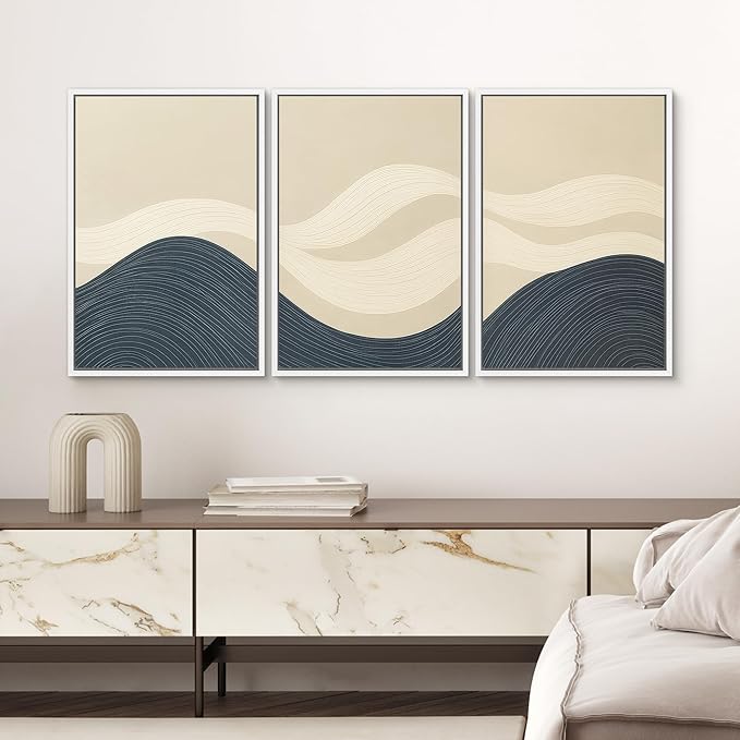 SIGNWIN Framed Wall Art Print Set Minimalist Blue and Beige Wave Modern Abstract Photography Modern Art Minimalist Closeup Dramatic for Living Room, Bedroom, Offic - 16"x24"x3 WHITE