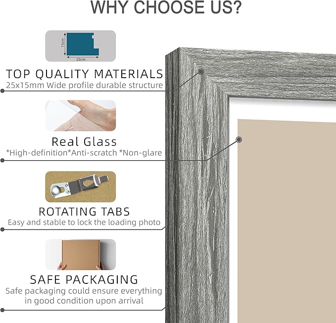 11x14 Picture Frame Set of 2, Made of Glass and Rustic Grey Wooden Frame, Display 8x10 Pictures with Mat or 11 x 14 Posters without Mat for Wall Mounting, Gallery Photo Frames