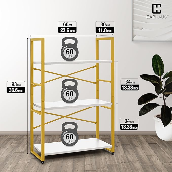 CAPHAUS 3 Tier Small Bookshelf, 24 Inch Width Free Standing Shelf, Bookcase Shelf Storage Organizer, Industrial Book Shelves for Home Office, Living Room, White Wooden Shelves & Gold Frame