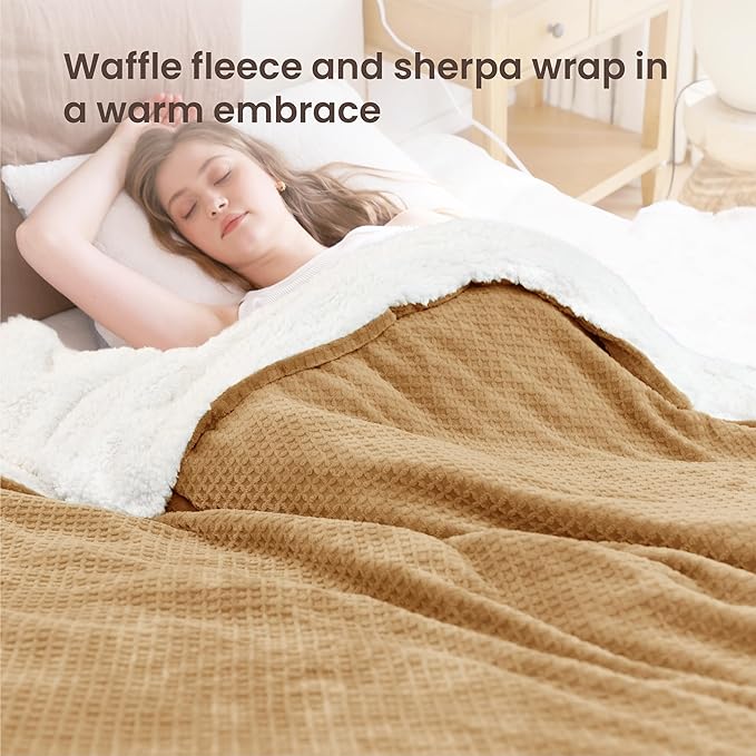 Heated Blanket Electric Blanket Full Waffle,72x84 Inches Sherpa Fleece Fast Heating Blanket 6 Heating Levels & 10 Hours Auto Off ETL Certification,Orange Full