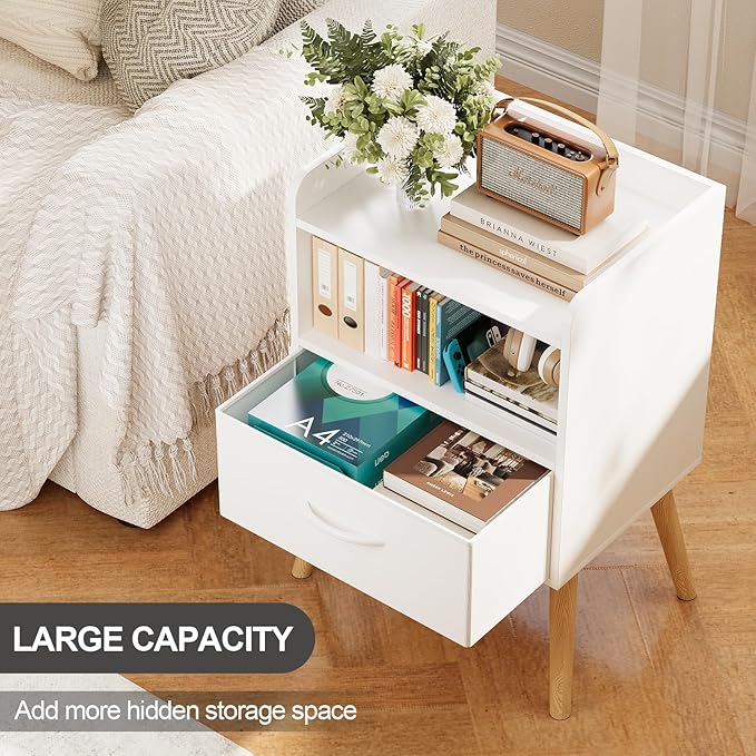Narrow Nightstand with Open Shelf,Small Night Stand Bedroom Bedside Tables with Fabric Drawer Storage,Side Table End Table with Solid Wood Feet,Mid Century Night Stands for Home Sofa Couch(White)