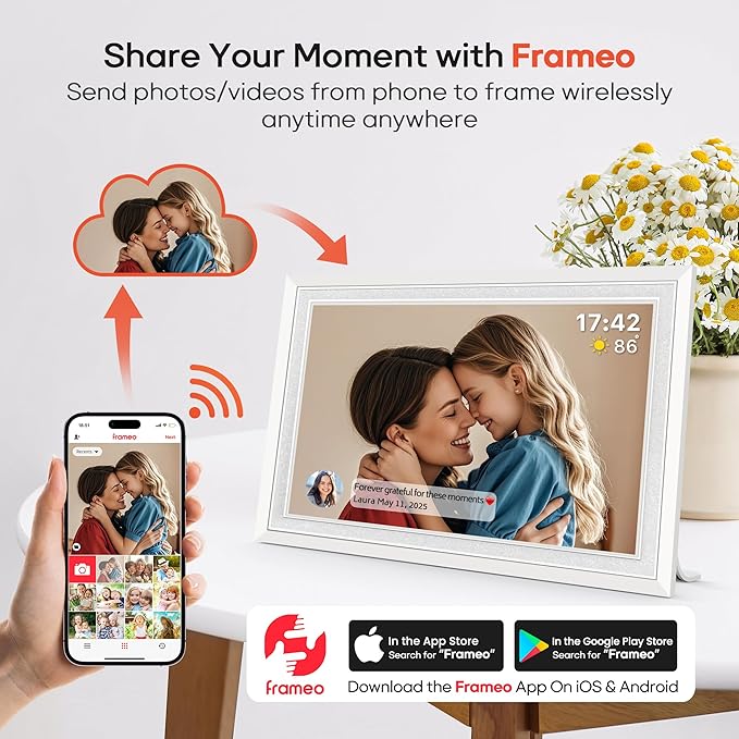 Frameo 10.1" Digital Picture Frame, Smart WiFi Digital Photo Frame with 1280x800 HD IPS Touch Screen 32GB Memory Auto-Rotate Wall Mounted, Share Photos/Videos from Phone Anywhere(White)