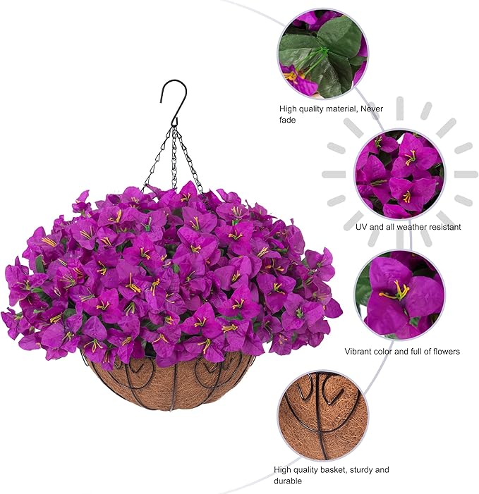 Artificial Fake Hanging Flowers Plants Basket for Outdoors Decoration, Faux Silk Bougainvillea Flowers in Planter Look Real UV Resistant Faux Flower for Outside Porch Patio Garden Home Decor, Purple