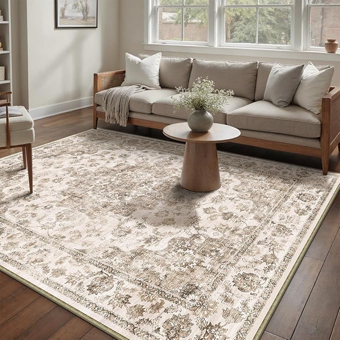 10x14 Neutral Area Rug Brown Floral Living Room Bedroom Large Carpet Non-Slip Low Pile Vintage Soft Thin Washable Throw Rug for Dining Room Office Kitchen Indoor Nursery