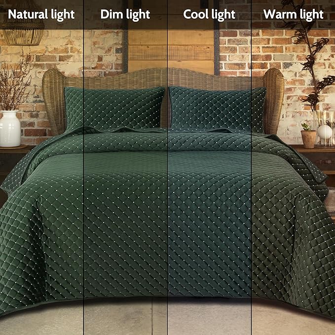 Luxury Velvet Quilt Set Queen Size, Reversible Stitching Queen Quilt Bedding Set, Soft Lightweight Bedspread and Coverlet with 2 Pillow Shams for All Season, Dark Green, 90" x 96"