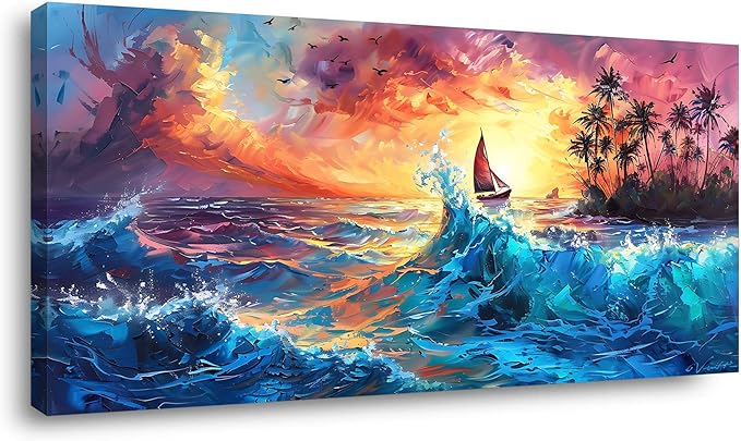 Sailboat Coconut Grove and Blue Waves Under the Sunset Oil Painting Style Wall Art Decor Artwork for Bedroom (30x60 Inches)