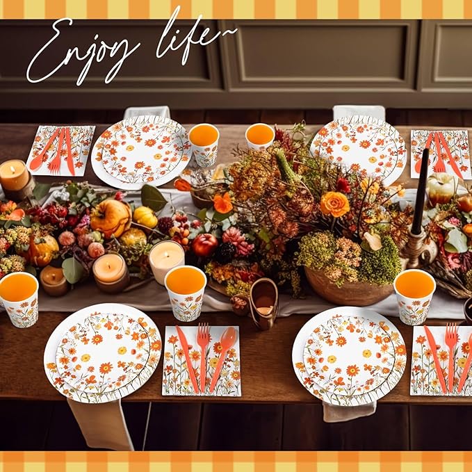 400 Pcs Fall Floral Disposable Paper Plates Napkins Cups Serve 50 Watercolor Wildflower Tableware Set for Autumn Thanksgiving Harvest Wedding Tea Party Decoration Bridal Shower Baby Shower