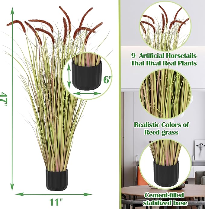 Sunnyglade 4 FT 2-Pack Artificial Horsetail Reed Grass, Fake Topiary Plant Tree in Pot, Cement Filled Pot Faux Flower Plants, Housewarming Gift Potted Bushes for Home Indoor Outdoor Office Decor