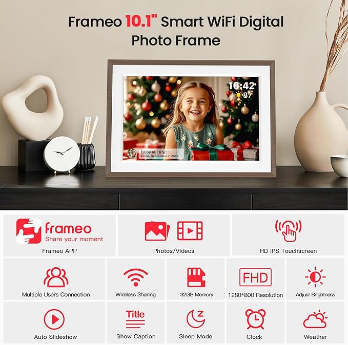 Frameo 10.1" Digital Picture Frame, Smart WiFi Digital Photo Frame with 1280x800 HD IPS Touch Screen 32GB Memory Auto-Rotate Wall Mounted, Share Photos/Videos Remotely(Brown Wood&White)