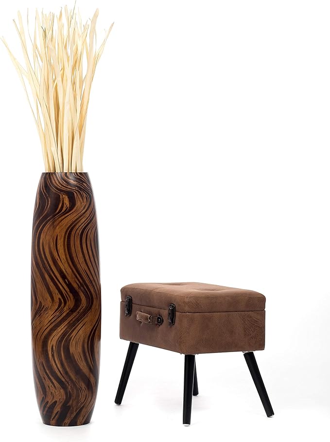 Leewadee Large Brown Light Brown Home Decor Floor Vase – Wooden 34 inches Tall Farmhouse Decor Flower Holder for Fake Plant and Pampas Grass