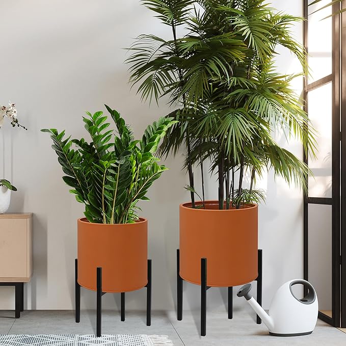 ARNIS Modern Plant Pots, Set of 2 Large Planters with Stand, Decorative Planters, Metal Pots with Drainage Holes for Living Room, Office, Garden or Balcony, 8.25 &10.5 Inch