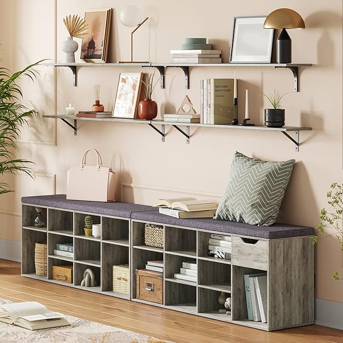 DINZI LVJ Long Wall Shelves, 39.4Inch Wall Mounted Shelves Set of 2, Extra Large Floating Storage Ledges with Sturdy Metal Brackets for Living Room, Bathroom, Bedroom, Kitchen, Gray Wash