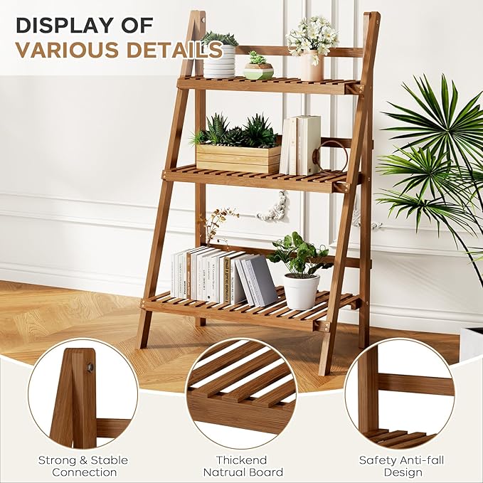Bamboo Ladder Shelf Plant Shelf, 3 Tier Foldable Ladder Flower Pot Display Shelf Rack, Freestanding Ladder Bookshelf for Garden, Balcony, Yard, Patio, Lawn, Living Room, 23.6"W x 15"D x 39.4"H, Walnut