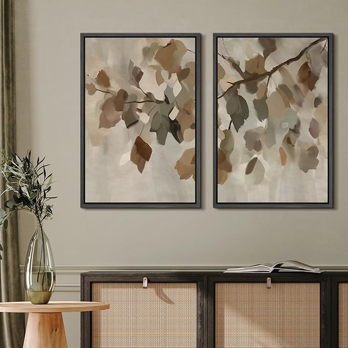 MUDECOR Framed Canvas Print Wall Art Set Abstract Leaf Branch Minimalist Nature-Inspired Beige and Brown Calm/Zen for Living Room, Bedroom, Office - 24"x36"x2 Black