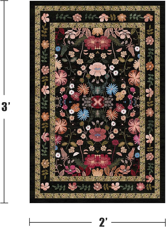 Deerly Entryway Rug 2x3 Rug Door Mat Indoor Entrance Black Vintage Boho Floral Rugs Washable Non-Slip Low Pile Throw Rugs Soft Thin Front Indoor Carpet for Kitchen Entryway Farmhouse, Black/Multi