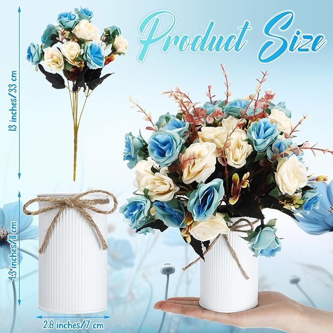 Domensi 12 Sets Wedding Centerpiece for Table Artificial Rose with Vase Fake Bouquets and Metal Pot Floral Arrangements for Holiday Party Event Table Decor (Teal)