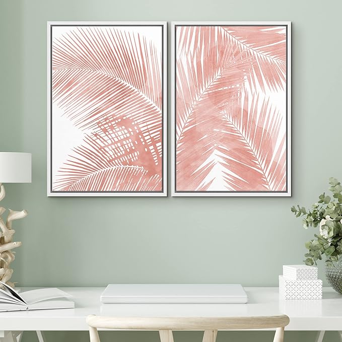 SIGNWIN Framed Canvas Print Wall Art Set Tropical Red Pastel Palm Leaf Plants Nature Wilderness Illustrations Modern Art Decorative Rustic Chic for Living Room, Bedroom, Office - 24"x36"x2 White