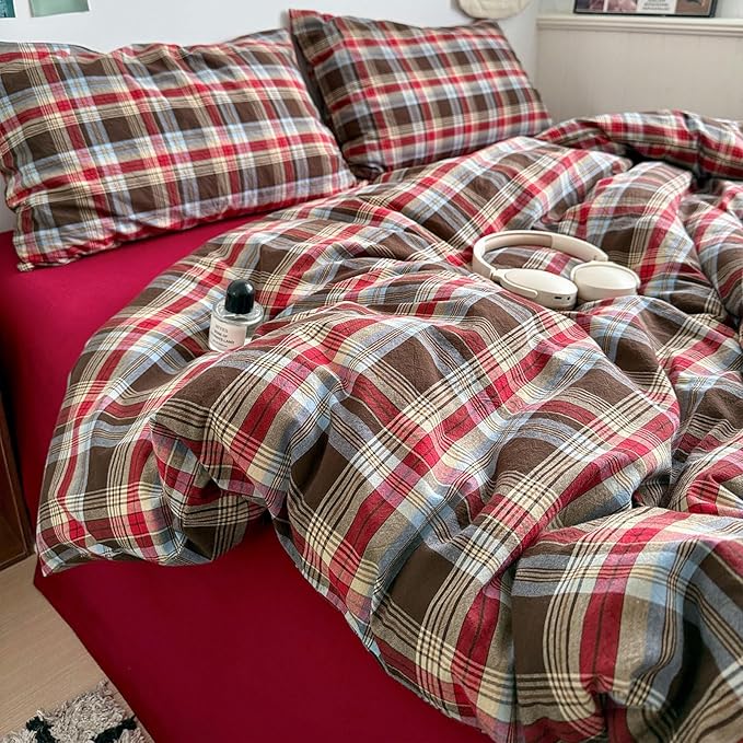 VM VOUGEMARKET Buffalo Gingham Duvet Cover Set Queen,3 Pieces Washed Cotton Bedding Set,Breathable Luxury Plaid Duvet Cover with Zipper Closure(Red&Brown)