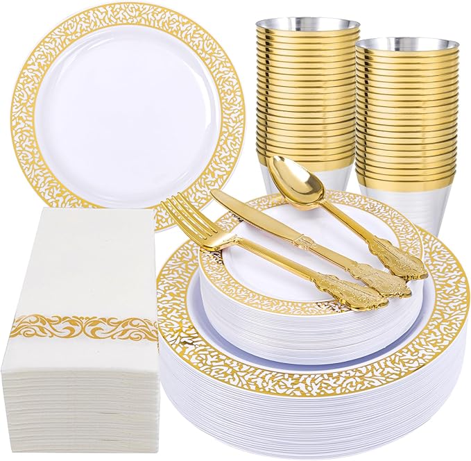 Festiva 350PCS Gold Plastic Dinnerware Set - Disposable Lace Gold Plates and Napkins Party Supplies - include plates,napkins,cups,silverware - Serve for 50 guests Party&Wedding&Easter