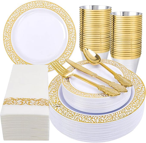 Festiva 350PCS Gold Plastic Dinnerware Set - Disposable Lace Gold Plates and Napkins Party Supplies - include plates,napkins,cups,silverware - Serve for 50 guests Party&Wedding&Easter