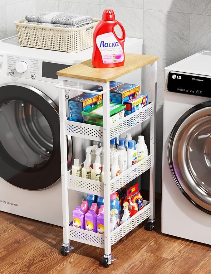 Utility Slim Storage Cart, 4-Tier Narrow Bathroom Organizers and Storage Cart, Narrow Metal Kitchen Laundry Room Organization Shelf with Wood Top, Slim Rolling Carts with Wheels for Small Space