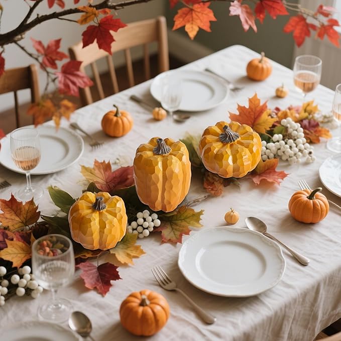 winemana Pumpkins Fall Decorations for Home & Thanksgiving- Set of 3 Artificial Pumpkin Centerpiece for Table Runner, Office, Indoor Mantel & Porch, Autumn Harvest Decor (Yellow)