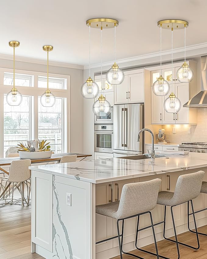 Gold Cluster Pendant Light, 3-Light Globe Hanging Light Fixture, Kitchen Island Lighting with Clear Glass for Dining Room Living Room Laundry Entrance Foyer, ZCPL101BG-3C