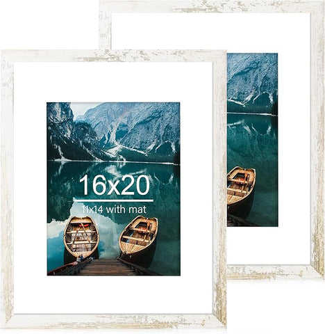 16x20 Frames Set of 2, Distressed White Wood Style - Display 16 x 20 Picture without Mat or 11x14 Picture with Mat, Wall Mounting Horizontal and Vertical
