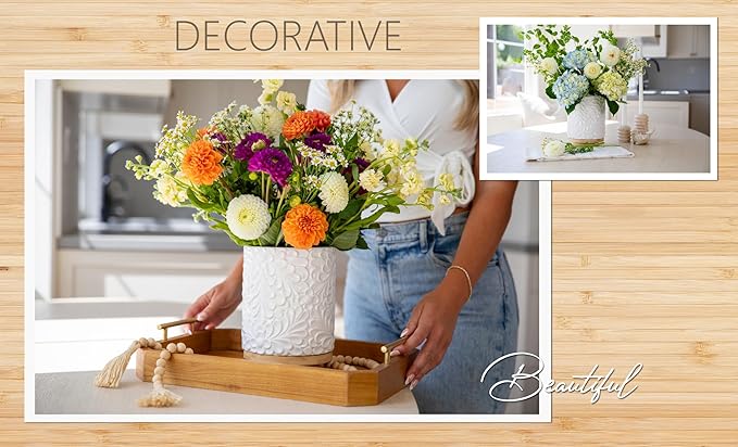 Extra Large 360° Rotating Utensil Holder for Kitchen Counter, 8.3” Cooking Utensil Holder for Countertop with Bamboo Base, White Ceramic Utensil Crock Canister for Cooking Utensils - Engraved Design