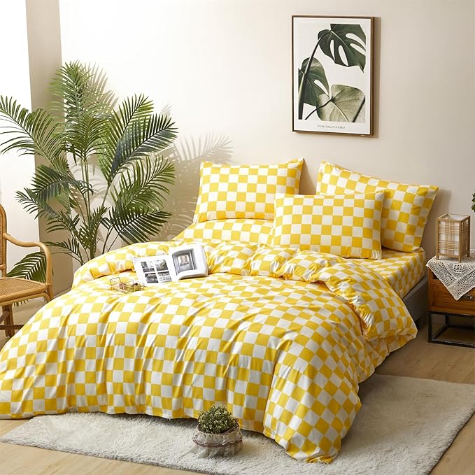 CLOTHKNOW Yellow Plaid Full Comforter Set 3Pcs Grid Bedding Comforter Sets Yellow White Comforter Full Soft Light Yellow Full Size Comforter Sets