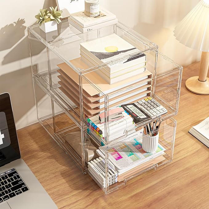 2 Packs Plastic Stackable Storage Drawers, Clear Desktop Drawer Organizers, 2 Drawer Storage Organizer, Make up Organizer with Drawers, Arcylic Drawers Organizer for Office Supplies, School, Home