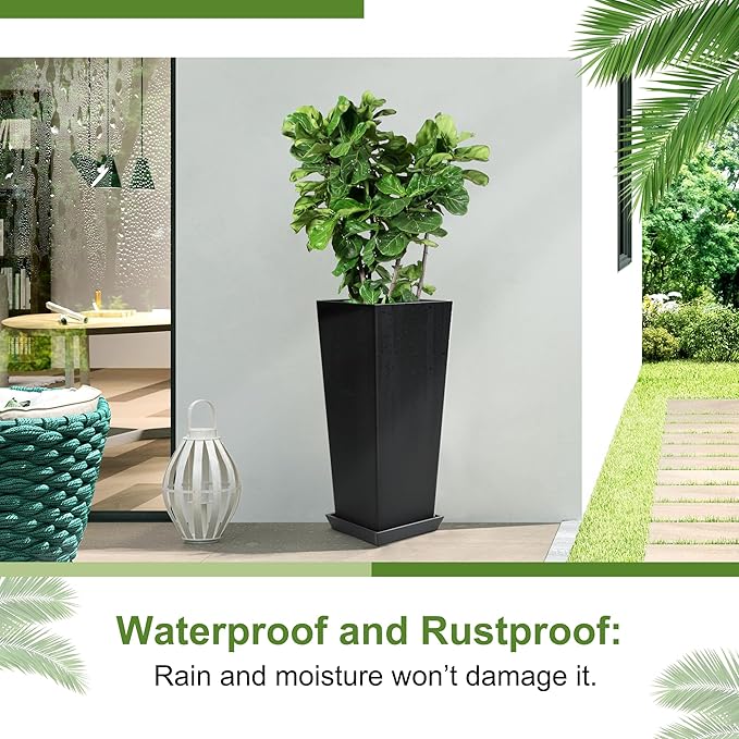 24-Inch Tall Planters Set of 2 for Outdoor and Indoor Use, Tapered Flower Pots with Drainage Tray, Front Porch and Patio Decor, Ideal for Large Plants – Black