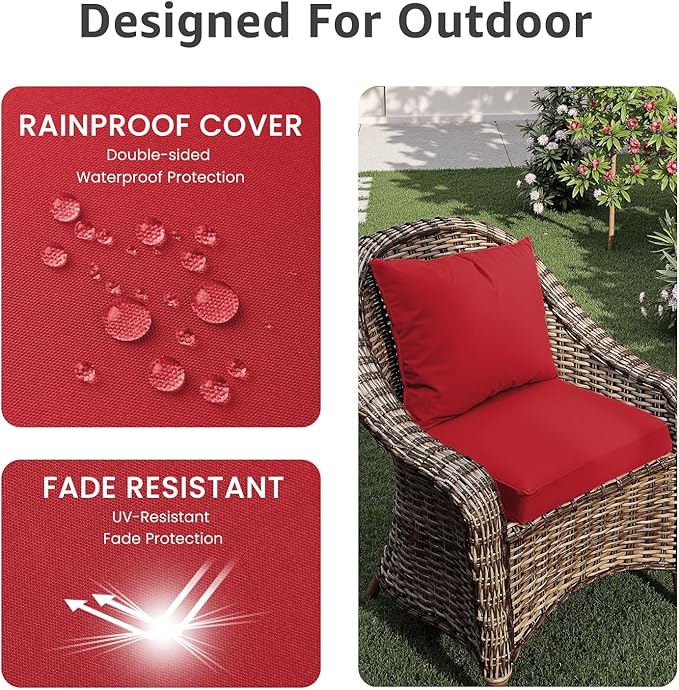 Outdoor Seat Cushion Set 22 x 22 x 4 Inch, Waterproof & Fade Resistant Patio Furniture Cushions with Removable Cover and Ties, Thick Deep Seating Pads for Outside Chair Sofa Couch, Red