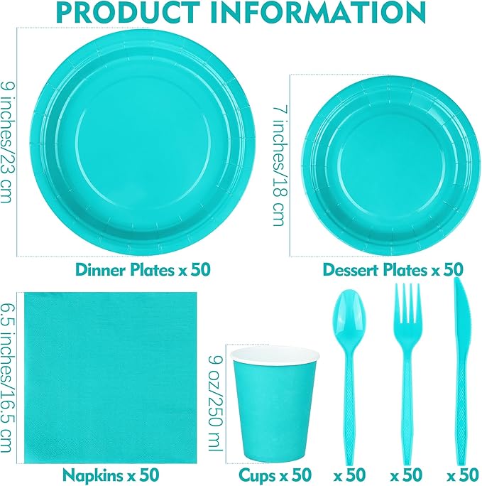 durony 350 Pieces Teal Blue Party Supplies Teal Blue Dinnerware Set Paper Plates Cup Napkins Serve 50 Guests for Birthday Wedding Baby Shower Party Family Picnic