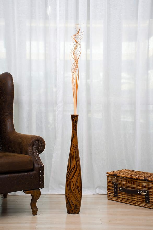 Leewadee Large Brown Light Brown Home Decor Floor Vase – Wooden 26 inches Tall Farmhouse Decor Flower Holder for Fake Plant and Pampas Grass