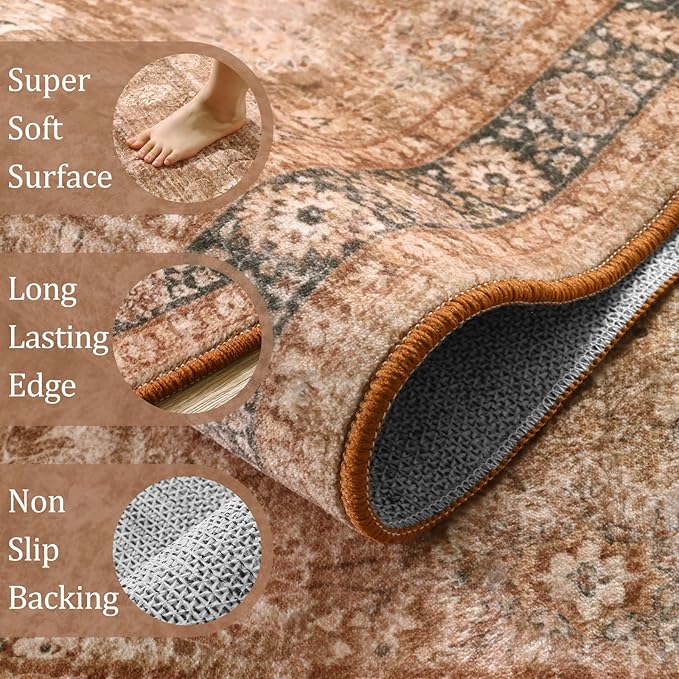 Morebes Vintage Washable Boho Rug 5x7,Non-Slip Carpet for Living Room, Area Rug for Bedroom, Distressed Large Oriental Accent Soft Non Shedding Throw Rug for Kitchen Office Carpet,Brown