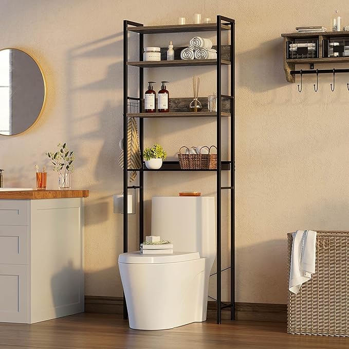 Rolanstar Over The Toilet Storage 4-Tier, Freestanding Bathroom Organizer, Sturdy Behind Toilet Rack with Hooks, Space-Saving Design, Fits Most Toilets, Gray