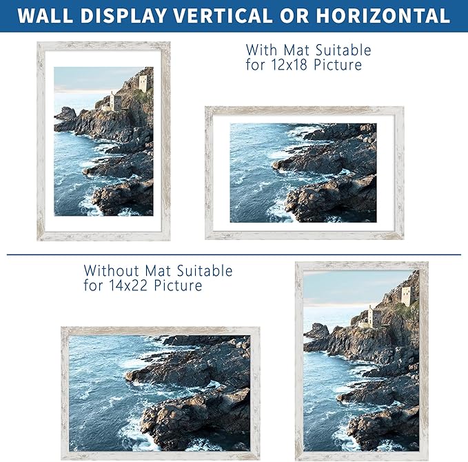 14x22 Picture Frame Set of 2, Distressed White Wood Style - Display 14 x 22 Picture without Mat or 12x18 Picture with Mat, Wall Mounting Horizontal and Vertical